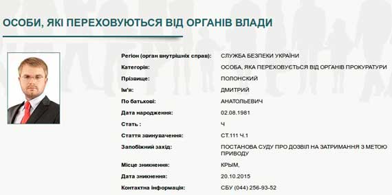 СБУ разыскивает Дмитрия Полонского по подозрению в совершении преступления, предусмотренного п. 1 ст. 111 (государственная измена) Уголовного кодекса Украины. В розыскной базе он числится как лицо, скрывающееся от органов прокуратуры.