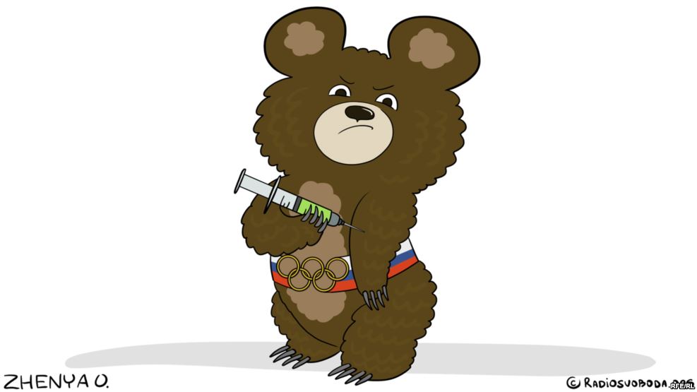 Олимпийский Мишка с допингом. Политическая карикатура Евгении Олейник