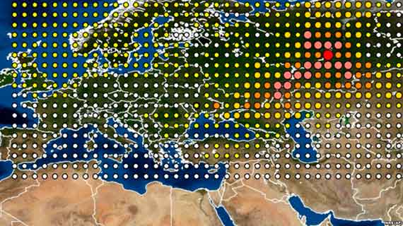 карта последствий мощного выброса радиоактивного элемента рутений-106