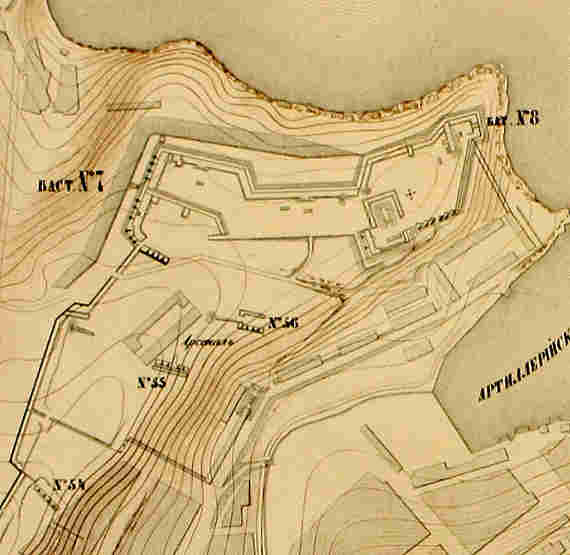 Укрепления на западном берегу Артиллерийской бухты. С плана Э.И. Тотлебена. 1855 г.