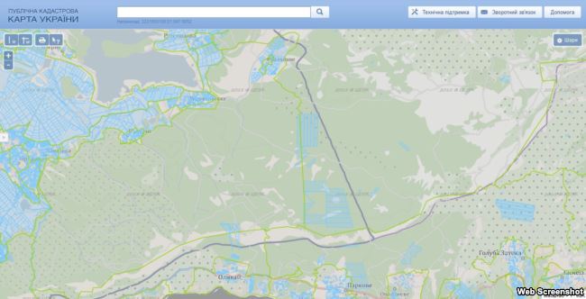 Административная граница между Крымом и Севастополем в районе Байдарского заказника согласно публичной кадастровой карте Украины