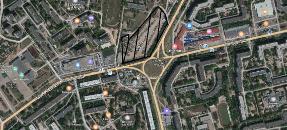 Черными линиями выделено место возле транспортного кольца Свято-Никольской площади площади, где могут построить высотный дом