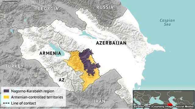 Нагорный Карабах: фиолетовый – первоначальная территория автономной области; желтый – фактически захваченная армянами территория