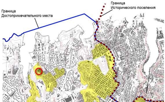 Выдержка из анализа приказа Минкульта № 1864, жёлтым цветом выделена зона с ограничением высотной застройки 8 метров. Красным цветом выделен район участка строительства комплекса «Марина-Делюкс».