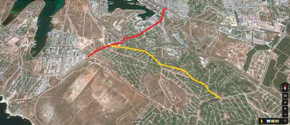 Красным отмечен предполагаемый участок расширения существующей дороги к Камышовскому шоссе, желтым - предполагаемый маршрут новой дороги к Фиолентовскому шоссе