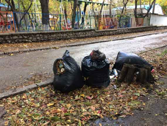 Севастопольцы уже неделю наблюдают как вокруг черных мешков с листвой образовываются мини-свалки бытового мусора