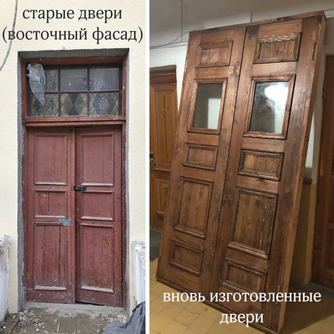 парадный вход украсили старинные двери, доставленные из Санкт-Петербурга