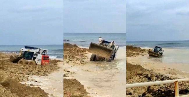 Во время работ на пляже в Гагаринском районе Севастополя в море оказался затянут небольшой погрузчик и его водитель